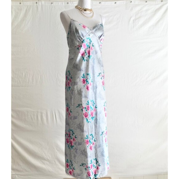 Vintage 90s Erika Taylor Gray Floral Satin Nightgown Nightie Size L - Picture 1 of 11